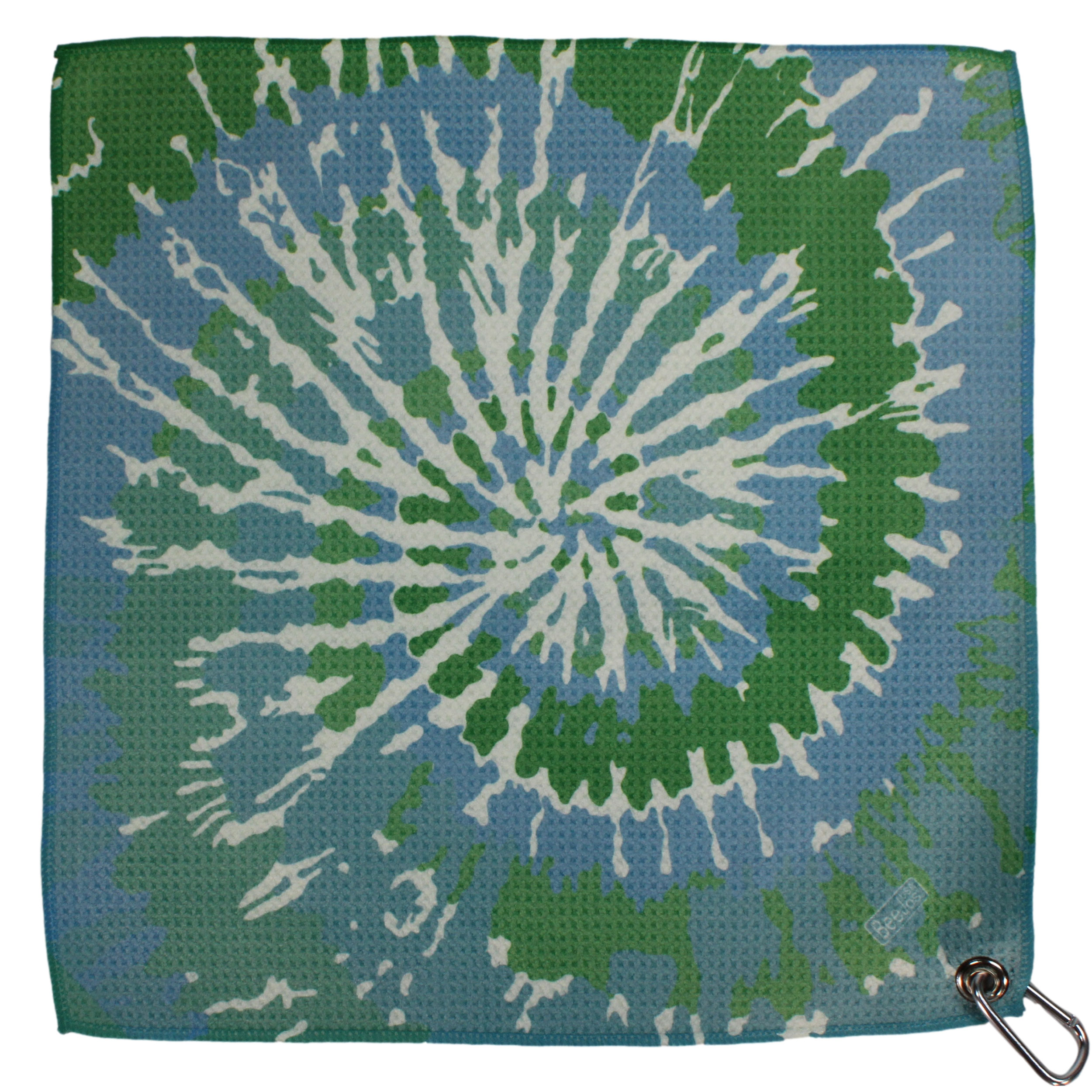Microfiber 18” X 18” Golf Towel with Carabiner Clip | Tie Dye Collection | Light Blue & Green - Image 2