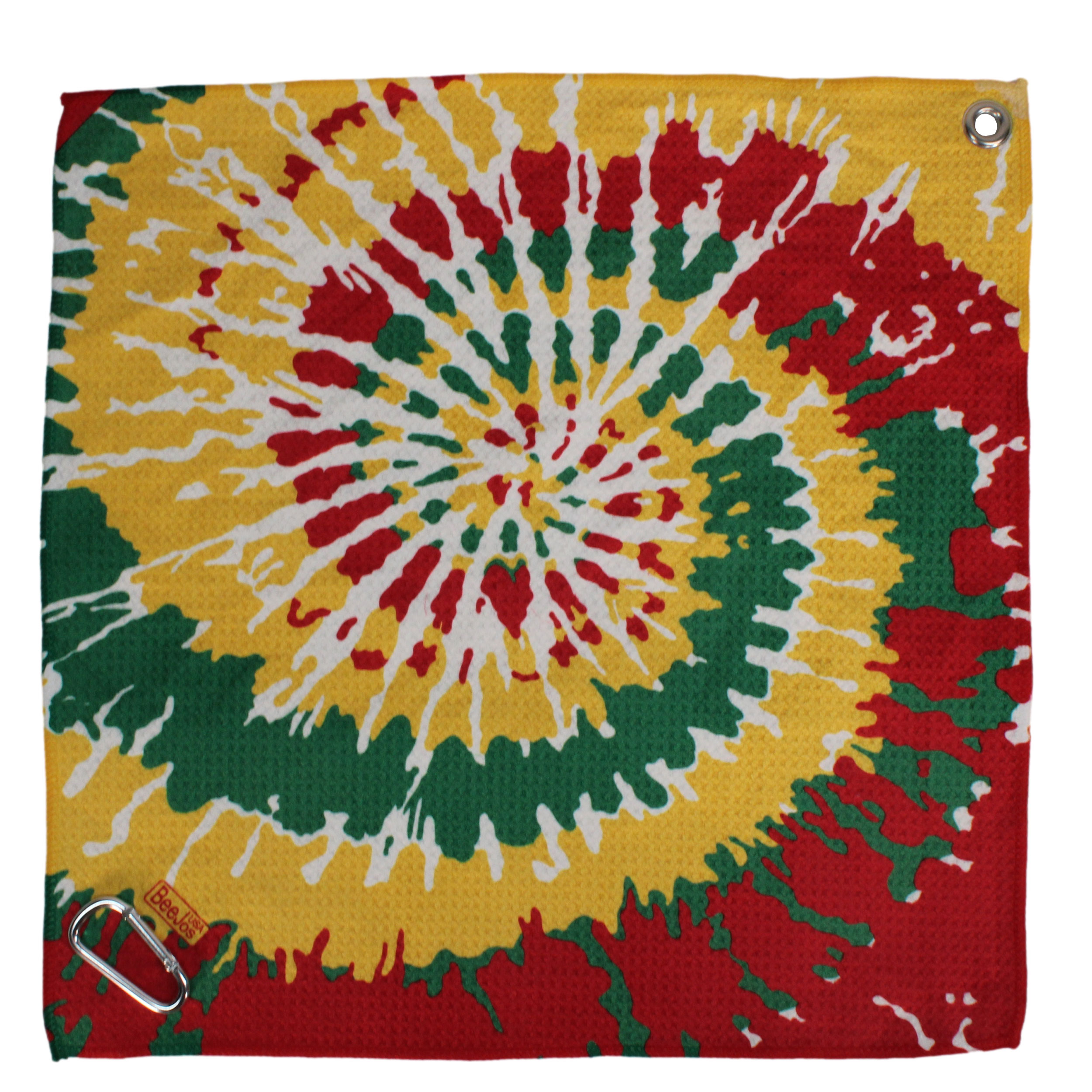 Microfiber 18” X 18” Golf Towel with Carabiner Clip | Tie Dye Collection | Rasta - Image 2