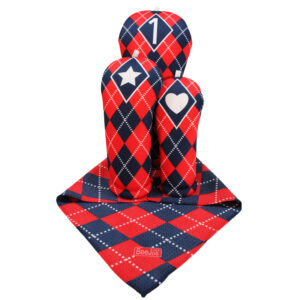 Navy Blue and Red Argyle Golf Gift Set-3 Headcover with Matching Golf Towel 18 inch by 18 inch.