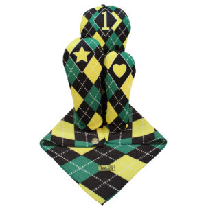 Green, Yellow and Black Argyle Golf Gift Set- 3 Headcovers and matching Golf Towel 18 inch by 18 inch