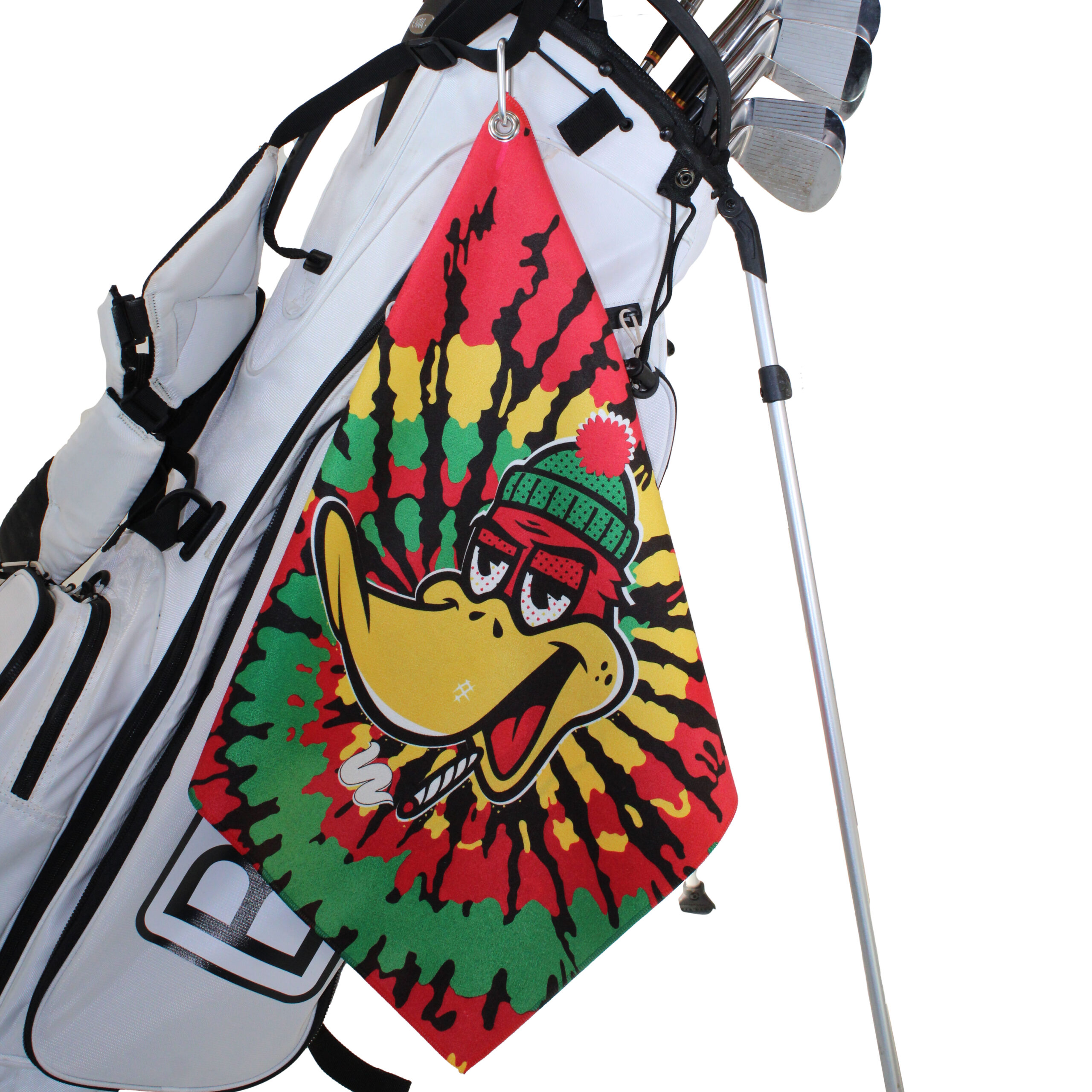 Smoked Ducky Microfiber Towel-Tie Dye Rasta hanging on bag